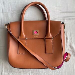 Kate Spade ♠️ Brown & Pink Leather Satchel Crossbody Bag 11"W × 10.5"H